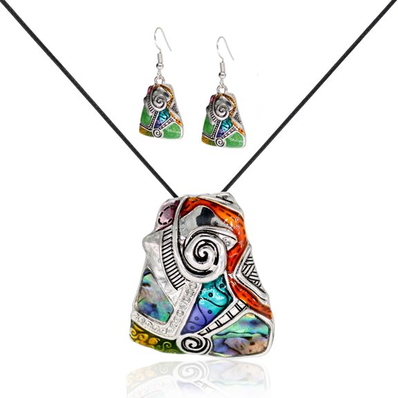 Besheek Silvertone Rainbow Mosaic Trapezoid Necklace and Earring Set