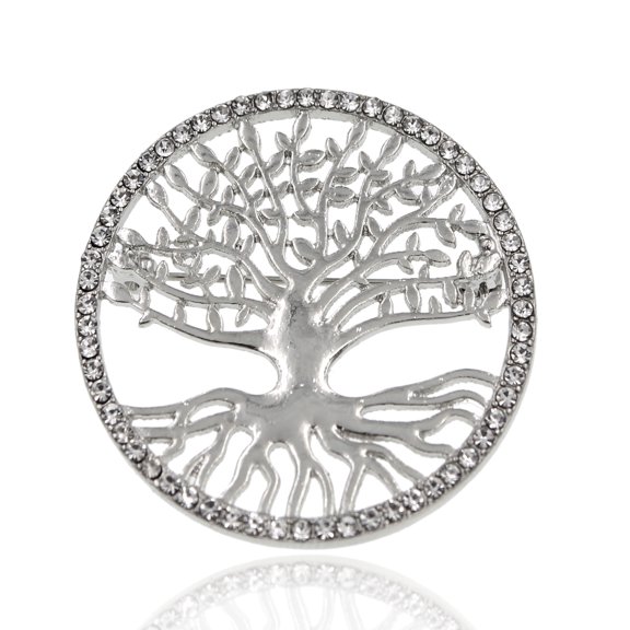 Besheek Silvertone Tree of Life with Rhinestone Border Pin Brooch