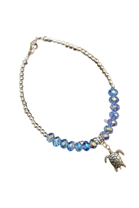 Silvertone Turtle & Sapphire Crystal Hypoallergenic Adjustable Anklet Jewelry