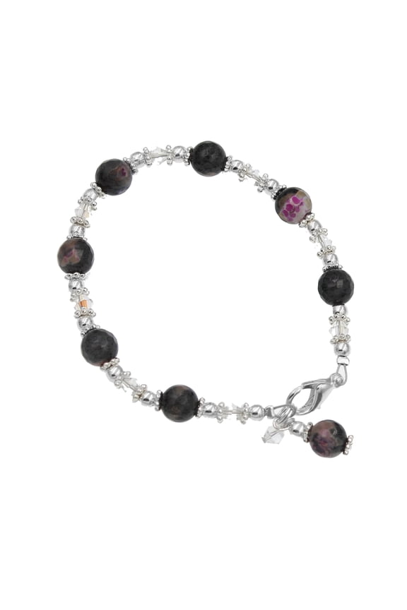 Silvertone and Crystal Pink and Black Calsilica Bali Style Beaded Bracelet