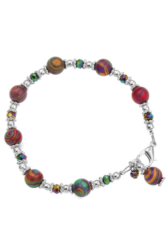 Silvertone and Crystal Rainbow Calsilica Bali Style Beaded Bracelet