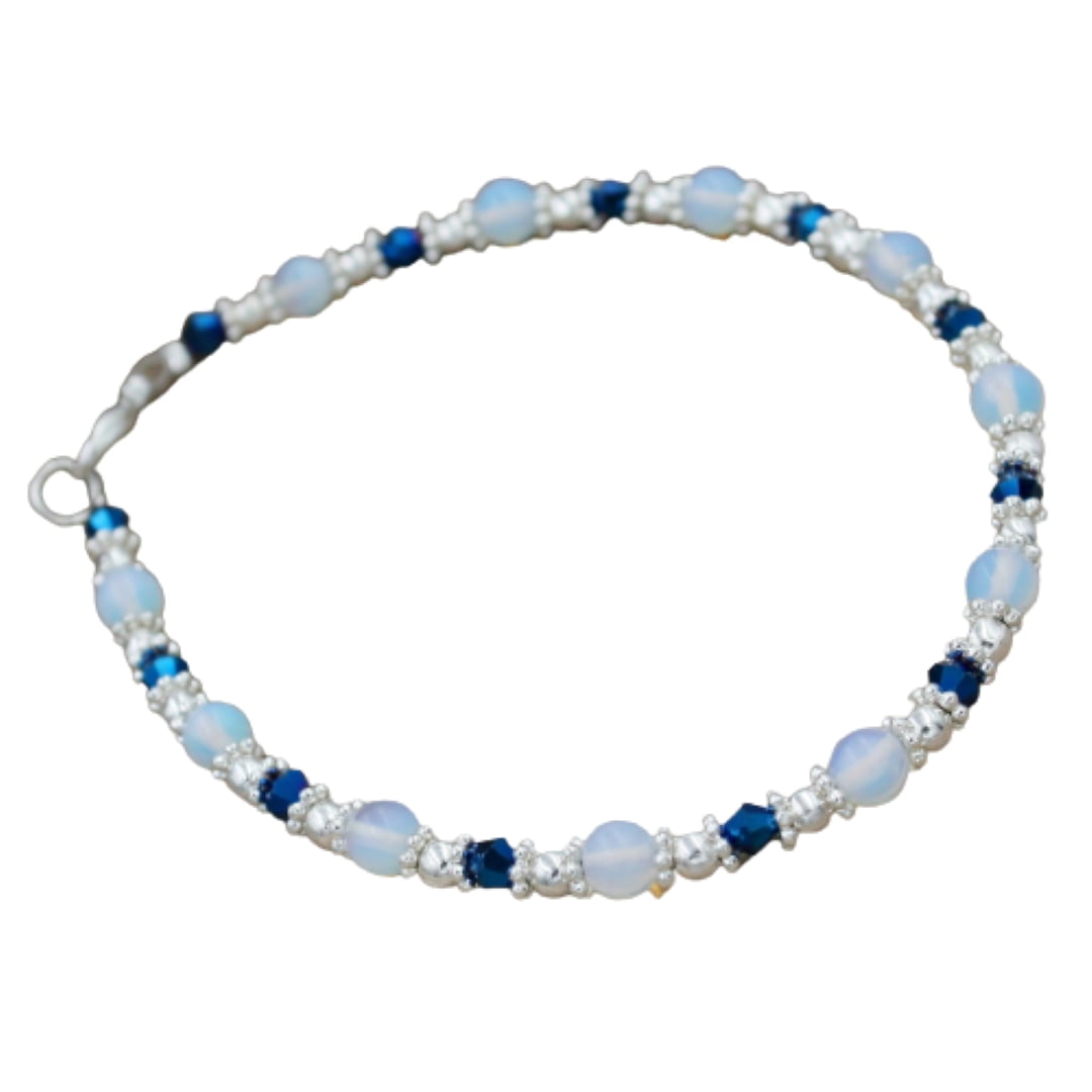 Besheek Silvertone and Luster Blue Crystal Moonstone Beaded Bracelet