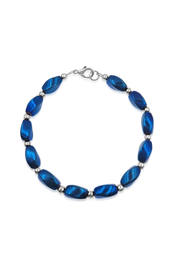 Silvertone and Luster Blue Twisted Hematite Beaded Bracelet.
