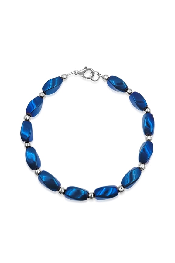 Silvertone and Luster Blue Twisted Hematite Beaded Bracelet.