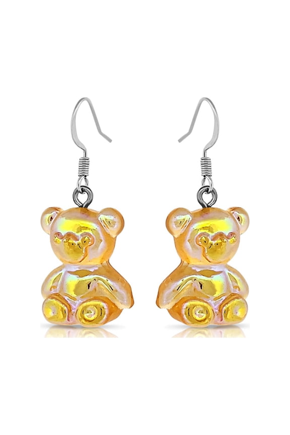 Silvertone and Orange Resin Gummy Bear Boho Style Dangle Earrings