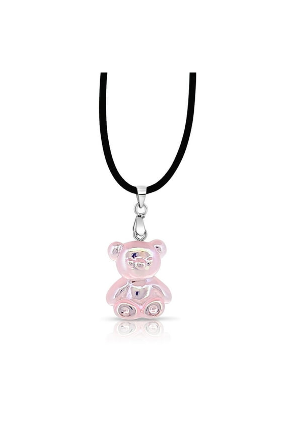 Silvertone and Pink Kitschy Resin Gummy Bear Necklace Pendant