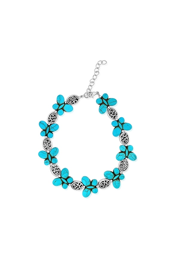 Silvertone and Turquoise Butterfly Filigree Adjustable Anklet