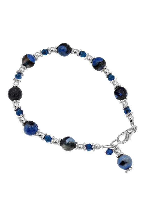 Sivlertone and Crystal Blue and Black Calsilica Bali Style Beaded Bracelet