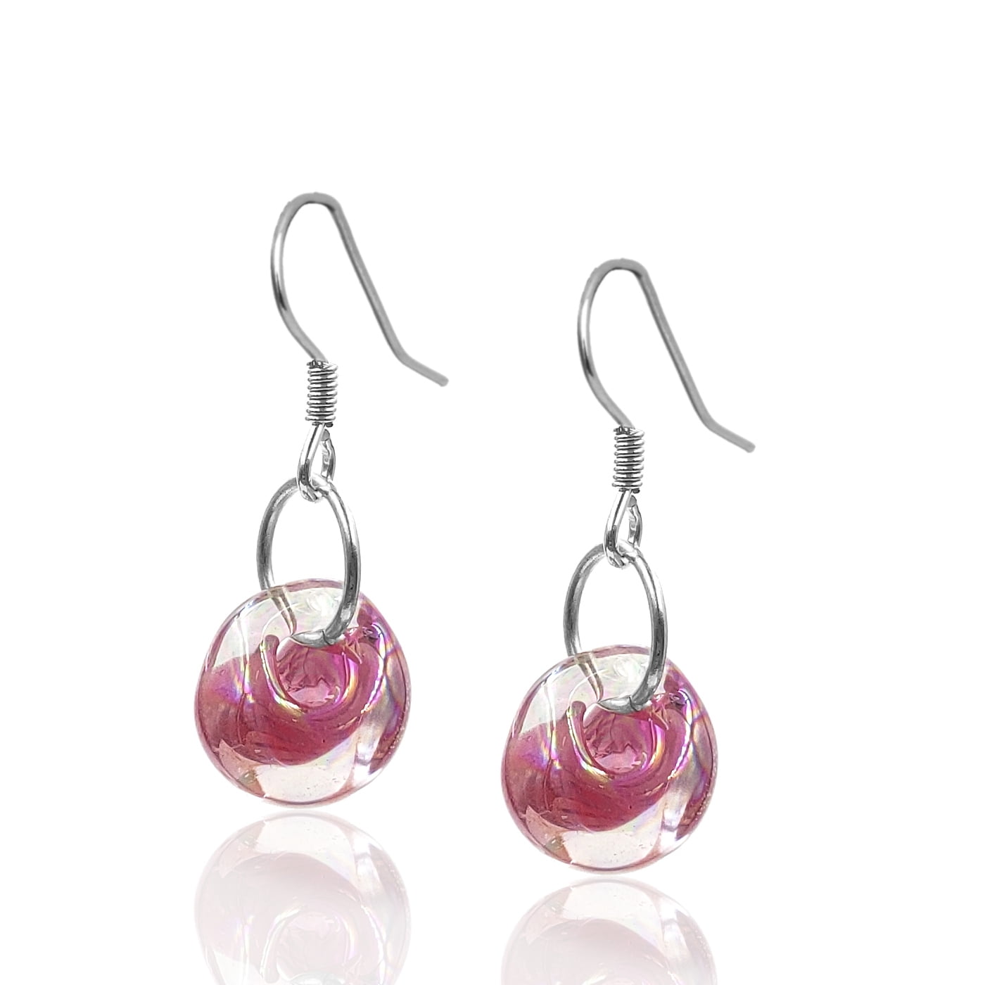 Besheek Sterling Silver Barbie Pink Frosted Water Drop Glass Dangle Earring