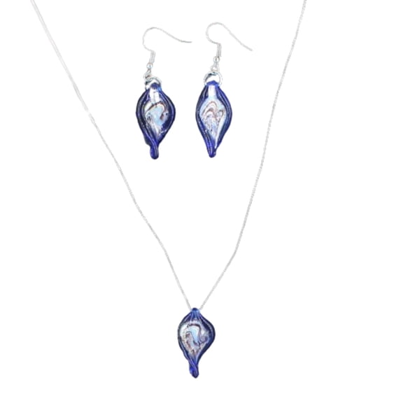 Besheek Sterling Silver Cobalt Blue Leaf Glass Earrings & Necklace Set