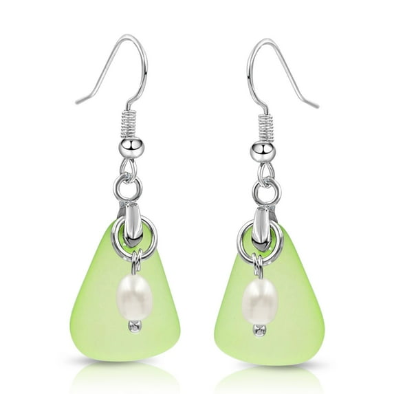 Besheek Sterling Silver Green & Freshwater Pearl Seaglass Dangle Earring