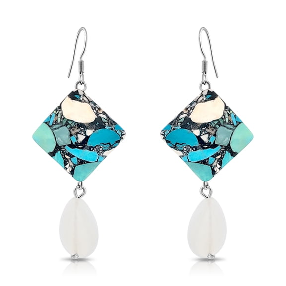 Besheek Sterling Silver Opalite Moonstone & Blue Turquoise Dangle Earrings