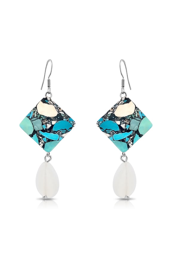 Sterling Silver Opalite Moonstone & Blue Turquoise Dangle Earrings
