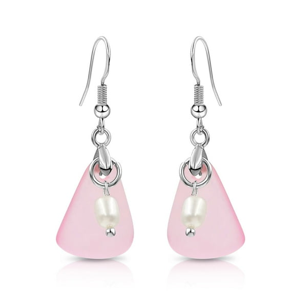 Besheek Sterling Silver Pink & Freshwater Pearl Seaglass Boho Chic Earrings