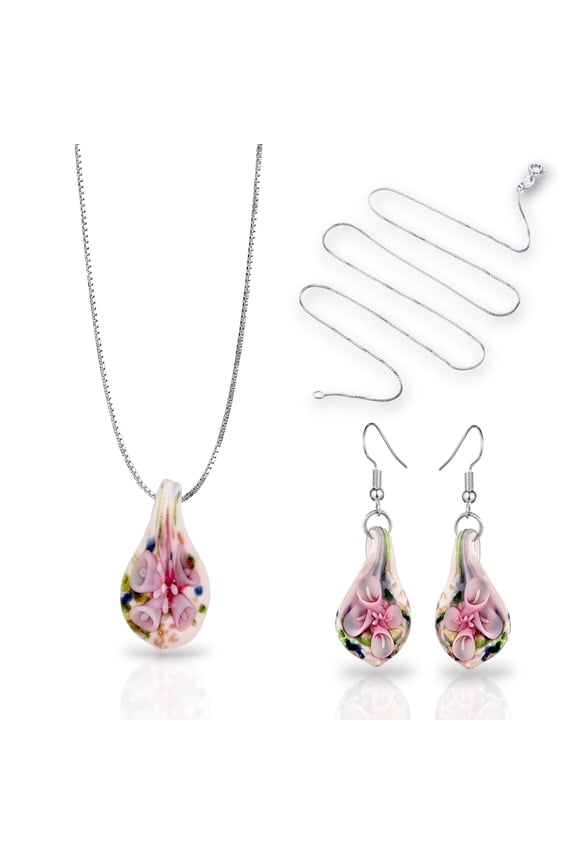 Sterling Silver Pink Lily Confetti Glass Earrings & Necklace Set