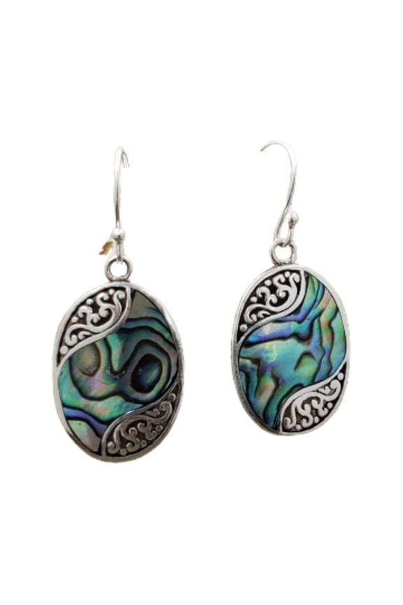 Sterling Silver and Blue Green Mother of Pearl Oval Drop Earrings