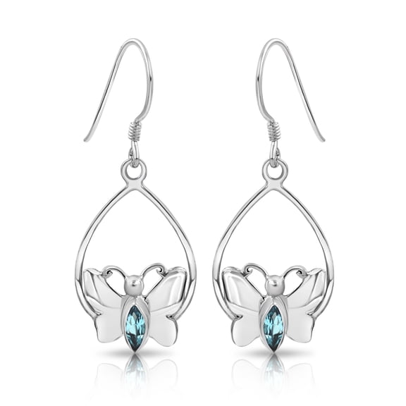 Besheek Sterling Silver and Blue Topaz Butterfly Drop Earrings