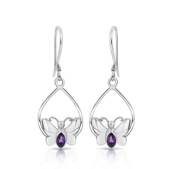Besheek Sterling Silver and Purple Amethyst Butterfly Drop Earrings