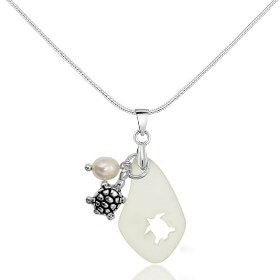Besheek Yellow Seaglass With Turtle & Freshwater Pearl Pendant Necklace