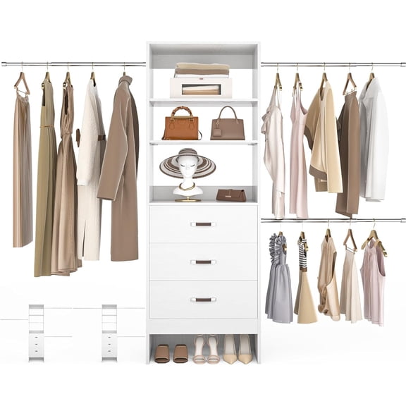 Besiost 96'' Closet Organizer System with 3 Hanging Rods, 8FT Closet Organizers and Storage with 3 Wooden Drawers, Built in Closet Organizer Systems, Adjustable Walk-in Wardrobe from 5-8FT, White