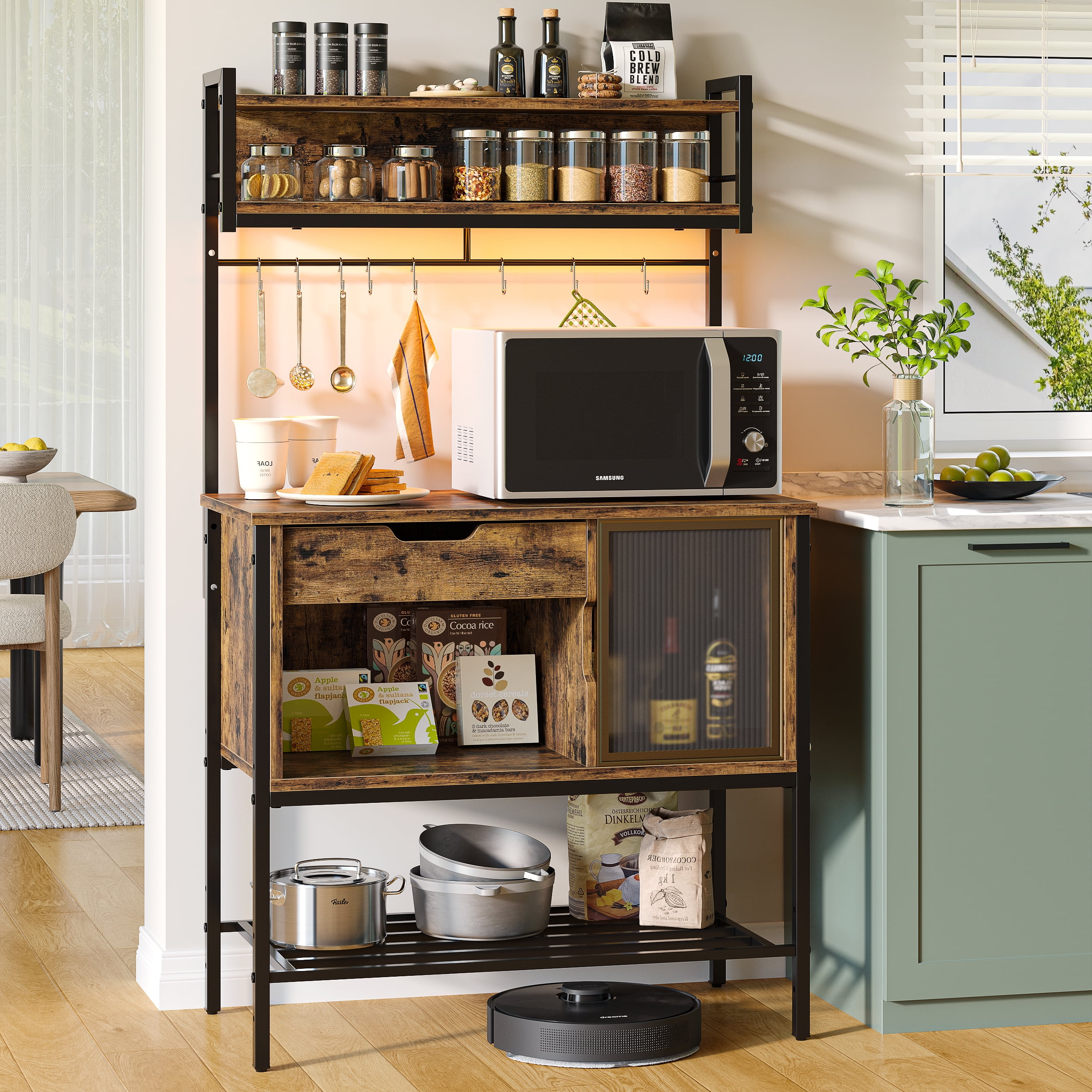 Kitchen Bakers Rack, Microwave Oven Stand With Large Wire Basket Industrial Coffee Bar Station 4 Tier Kitchen Utility Storage Shelf 8 Hooks Spice Pots Orga
