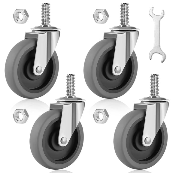 Tivkeber 4" TPR Swivel Caster Wheels, 1/2"-13 Threaded Stem, Heavy Duty for Dolly Cart, Wire Shelving, Industrial Screw-in Casters, Set of 4