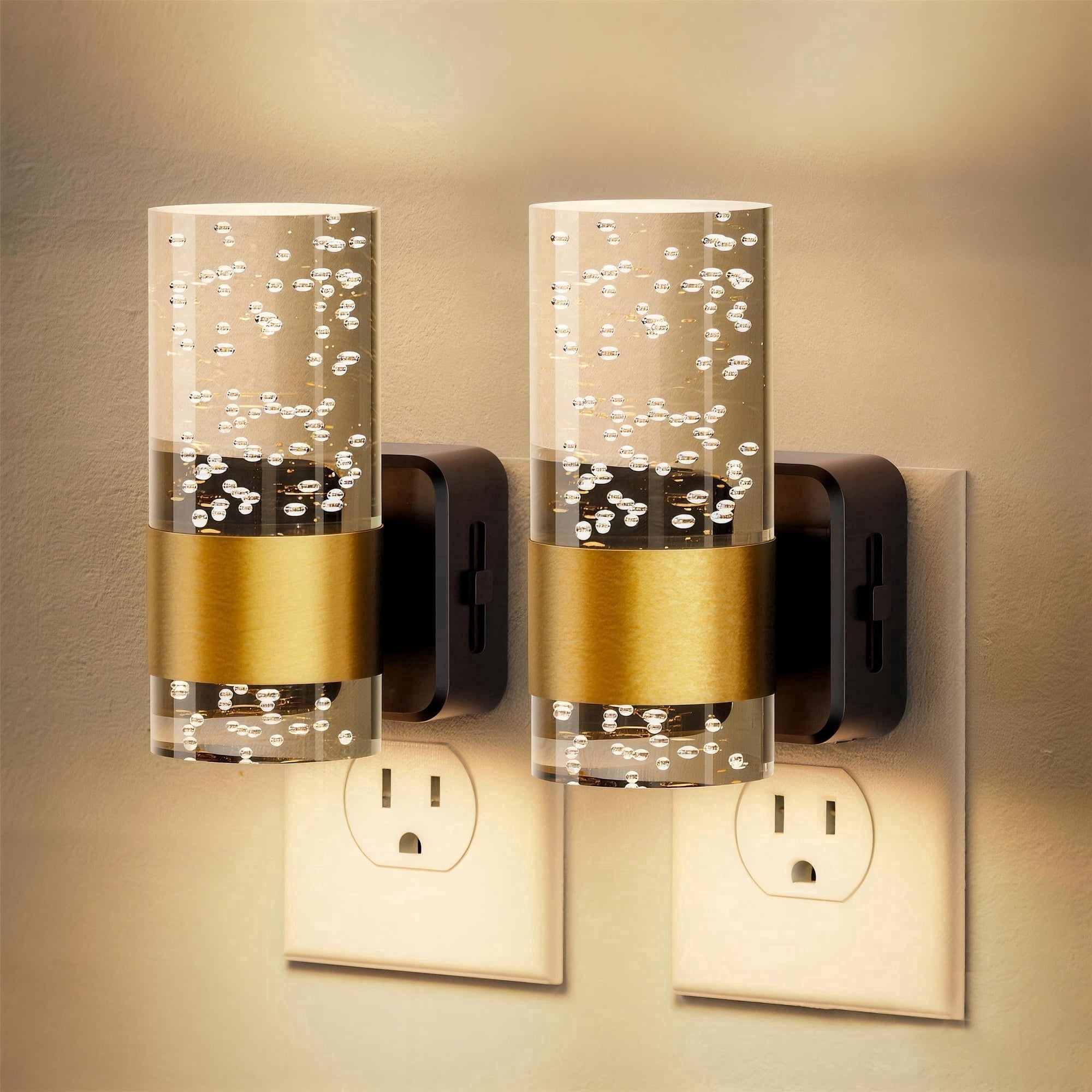 Beslands 2 Pack Dimmable LED Night Light Plug into Wall with Auto Light Sensor, Adjustable Brightness for Bathroom, Bedroom, Hallway, Stairway - Modern Acrylic Bubble Style (Gold) for Summer