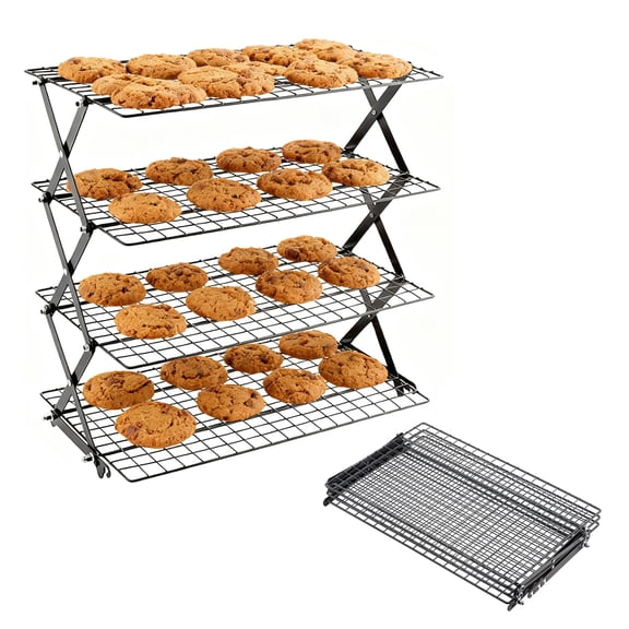 Beslands 4 Tier Collapsible Cooling Rack, Adjustable Stackable Baking Rack for Cookies, Cake, Roasting, Outdoor Camping & Picnic Foldable Drying Rack - Black for Cookies Baking Gifts for Summer