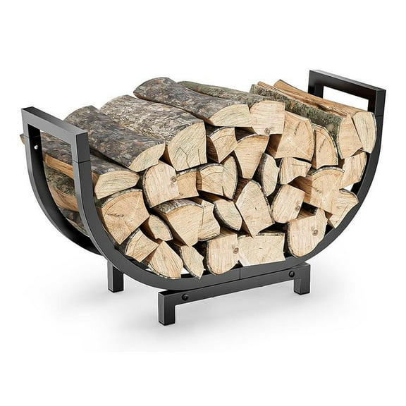 Beslands Curved Firewood Rack 30 Inch - Heavy Duty Metal Indoor/Outdoor Log Holder with Kindling Hooks, Waterproof Rustproof Fireplace Wood Storage Organizer in Black - Your Winter Essential!