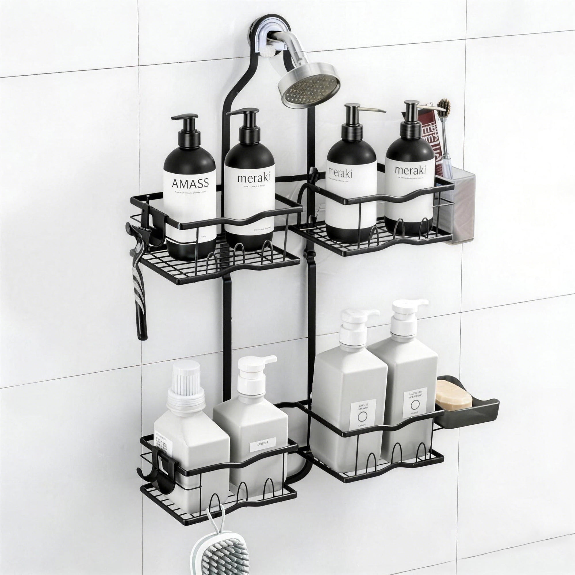 Beslands Hanging Shower Caddy for Handheld Showerhead, Sturdy Rustproof Shower Organizer with Soap Basket & 10+ Hooks, Anti-Swing Bathroom Storage Shelf, Black