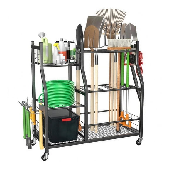 Beslands Multi-Tier Garden Tool Organizer with Lockable Wheels – Rolling Garage Storage Cart for Long-Handled Tools, Rakes, Yard Tool Stand for Shed, Garden & Indoor/Outdoor
