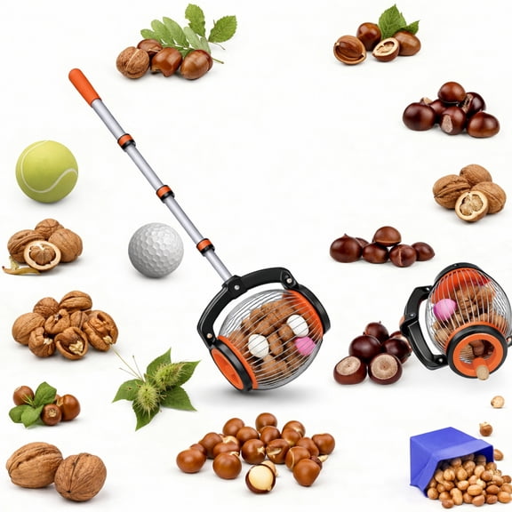 Beslands Nut Gatherer Roller, 1 Gallon Large Cage for Walnuts, Acorns, Pecans, Hickory Nuts, Sweet Gum Balls, Tennis Balls Pick Up Tool with Side Dump & Foot Operated Release, Includes Storage Bag