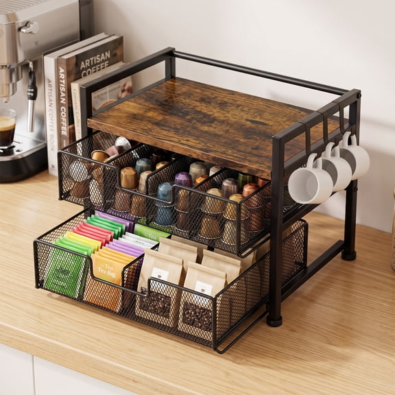 Beslands 10-Drawer Tea Bag Organizer, Wood & Metal Storage Box, Rustic Brown, 1 Pack