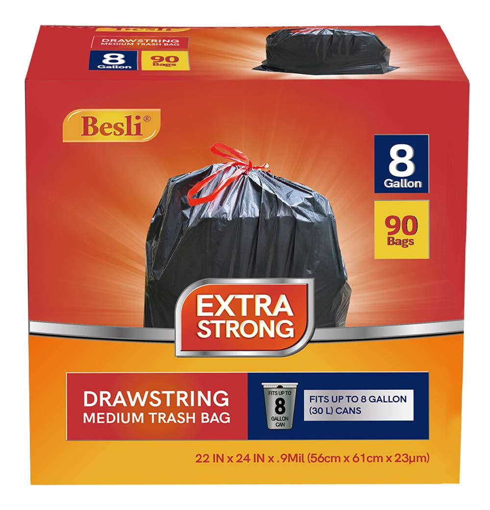 Besli 8 Gallon Black TSF6Drawstring Trash Bag Garbage Bag Trash Can Liner,0.9 Mil,90 Counts