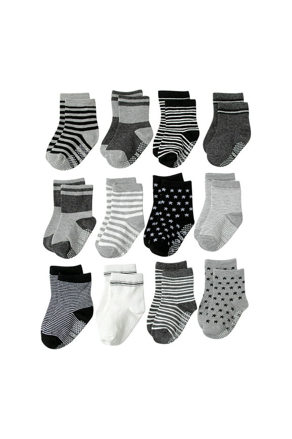 12 Pairs Toddler Socks with Grips Kids Ankle Cotton Grip Socks for Baby Boys Girls Infant 1-7 Years