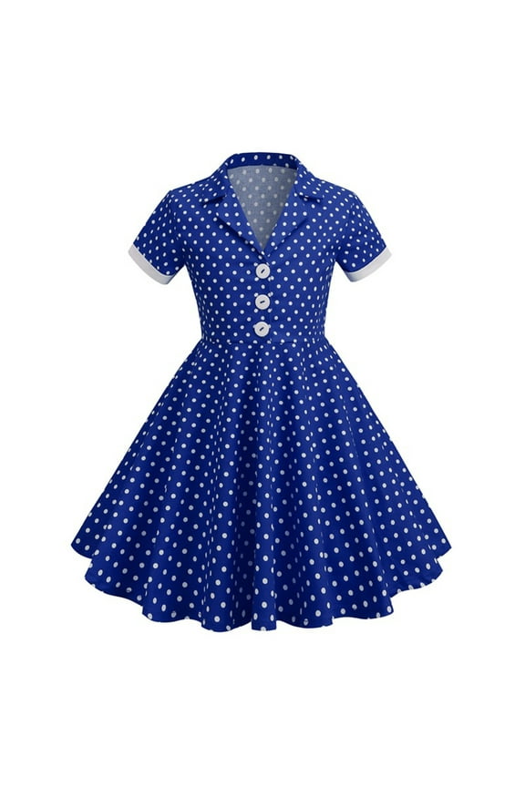 1950s Retro Dress for Girls Classic Polkaa Dots Short Sleeve Button down Dress Vintage Lapel Party Dress