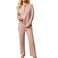 thumbnail image 1 of Besolor 2 Piece Fall Outfits for Women Long Sleeve Button Side Slit Tops Loose Long Pants Sets Loungewear with Pockets, 1 of 7