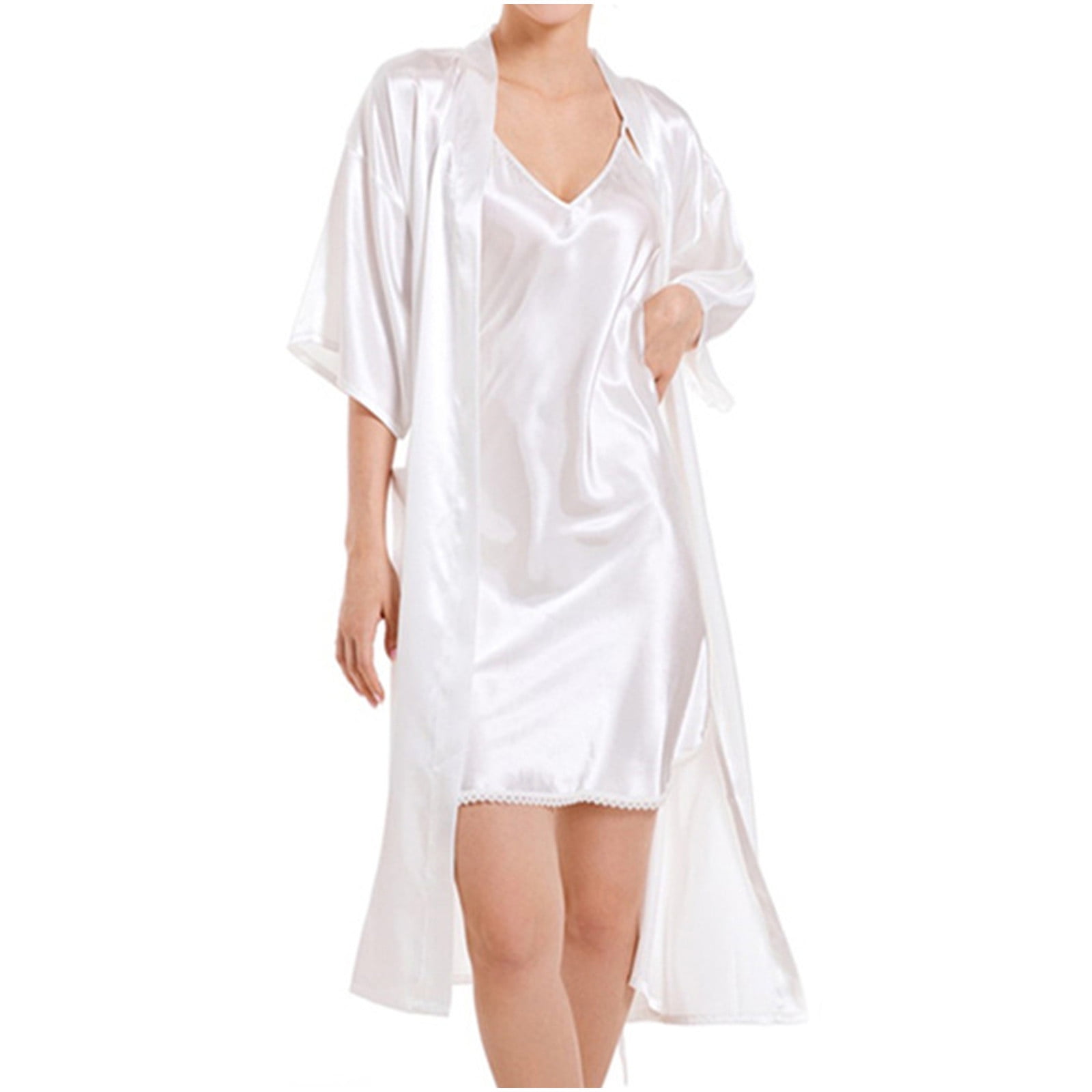 Besolor 2 Piece Pajama Set Women Satin Nightgowns and Robe Set Silk