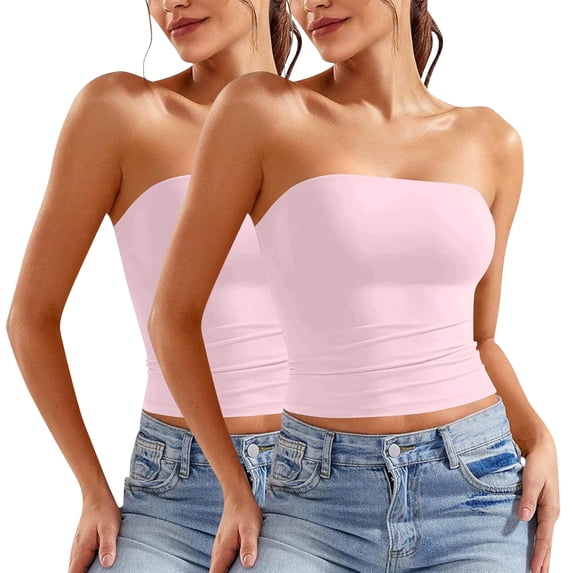 Besolor Womens Summer Tube Tops Strapless Backless Basic Going out Crop Tops Girls Sleeveless Bandeau Clothes 2 Pack