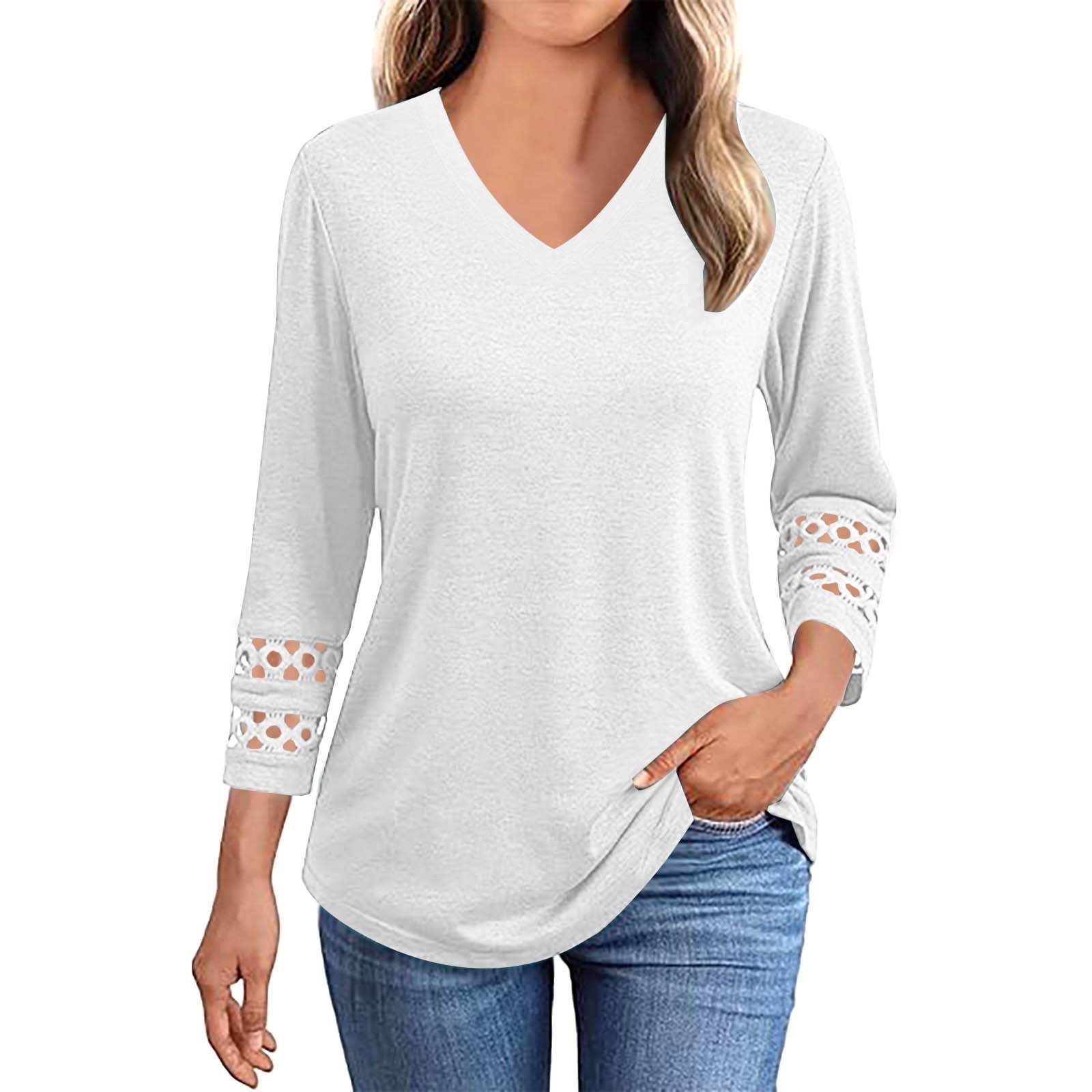 Besolor 3/4 Length Sleeve Tops Women V Neck Lace Tunic Shirts Casual ...
