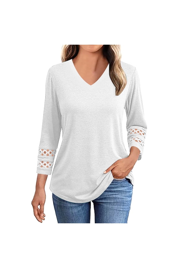 3/4 Length Sleeve Tops Women V Neck Lace Tunic Shirts Casual Ladies Going out Dressy Blouses