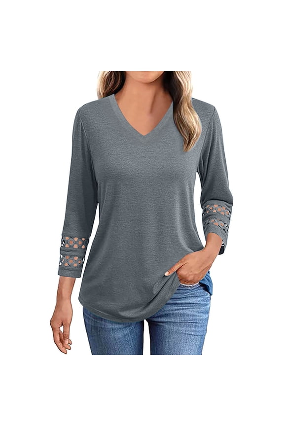 3/4 Length Sleeve Tops Women V Neck Lace Tunic Shirts Casual Ladies Going out Dressy Blouses