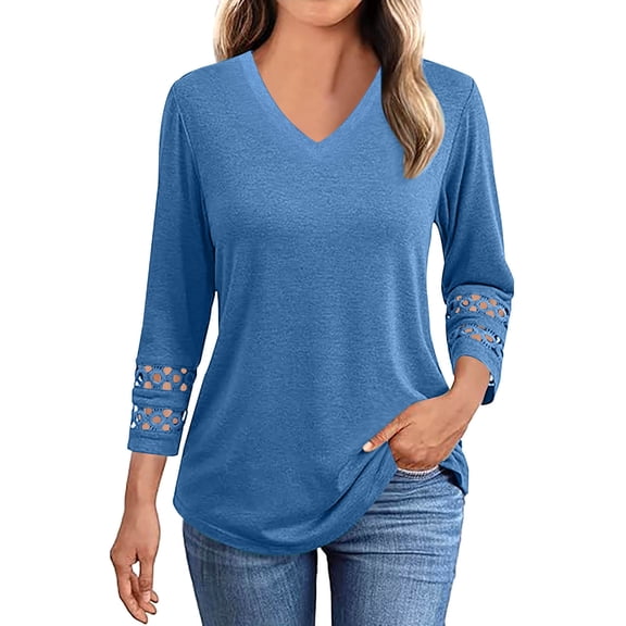 Besolor 3/4 Length Sleeve Tops Women V Neck Lace Tunic Shirts Casual Ladies Going out Dressy Blouses
