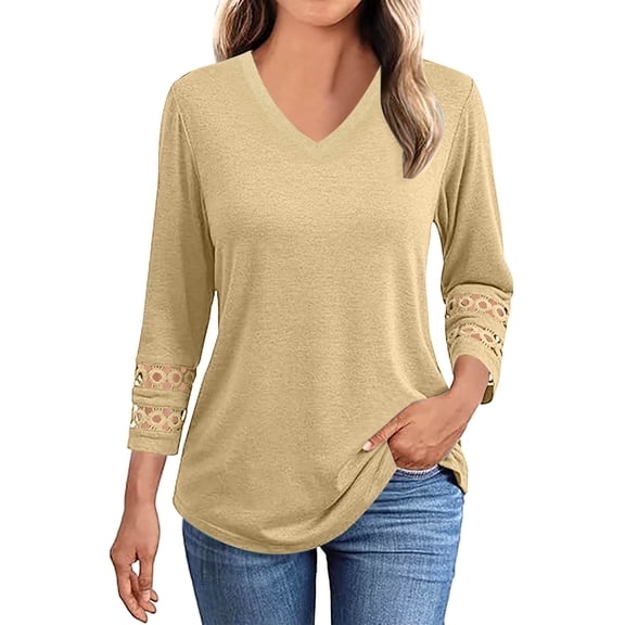 Besolor 3/4 Length Sleeve Tops Women V Neck Lace Tunic Shirts Casual Ladies Going out Dressy Blouses