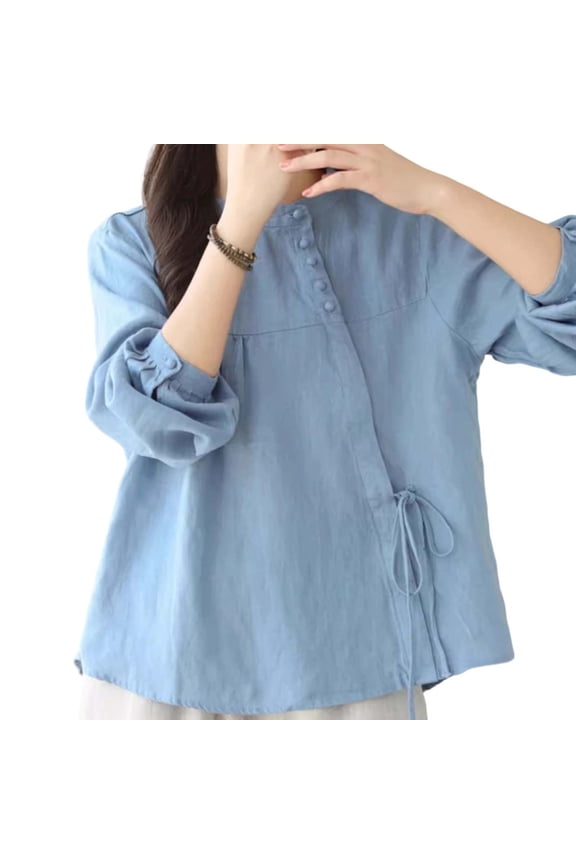 3/4 Length Sleeve Womens Tops Crewneck Button Drawstring Knot Slant Front Lightweight Breathable Casual Loose Top Shirts