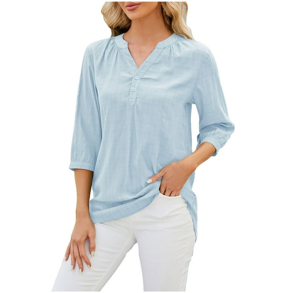 Besolor 3/4 Sleeve Shirts for Women Tops V Neck T Shirts Oversized Work Blouses Casual Dressy Tunic Tee Tops Blue