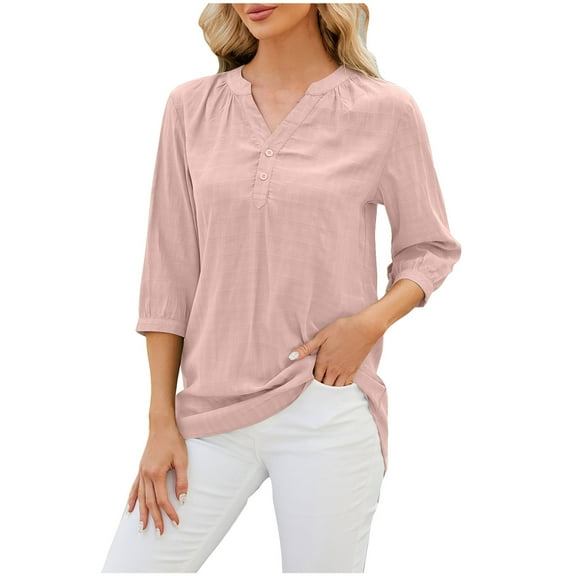 Besolor 3/4 Sleeve Shirts for Women Tops V Neck T Shirts Oversized Work Blouses Casual Dressy Tunic Tee Tops Pink