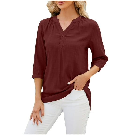 Besolor 3/4 Sleeve Shirts for Women Tops V Neck T Shirts Oversized Work Blouses Casual Dressy Tunic Tee Tops Red