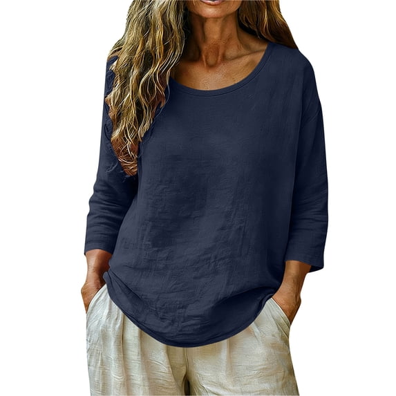 Besolor 3/4 Sleeve Tops for Women Cotton Linen Casual Loose Summer Crewneck Shirts Lightweight Loungewear T-Shirt Top