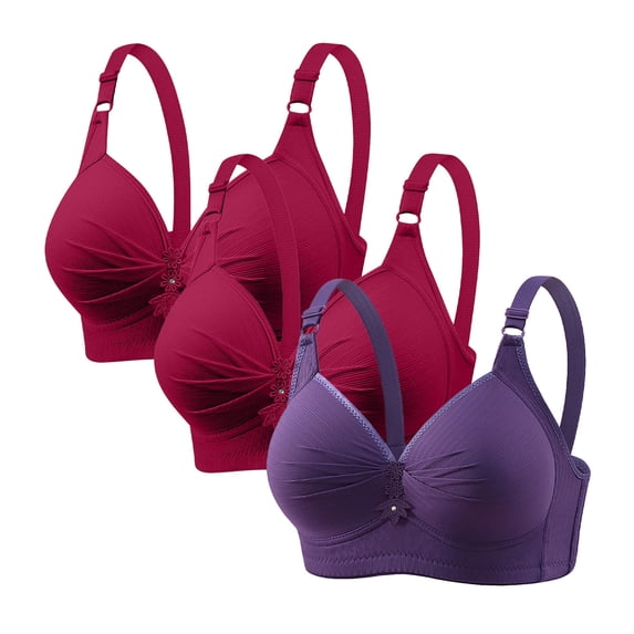 Besolor 3pc Plus Size Bras for Women High Support Full Coverage Gathered No Underwire Comfy Adjustable Strap Everyday Bralettes(3X-Large,Red)